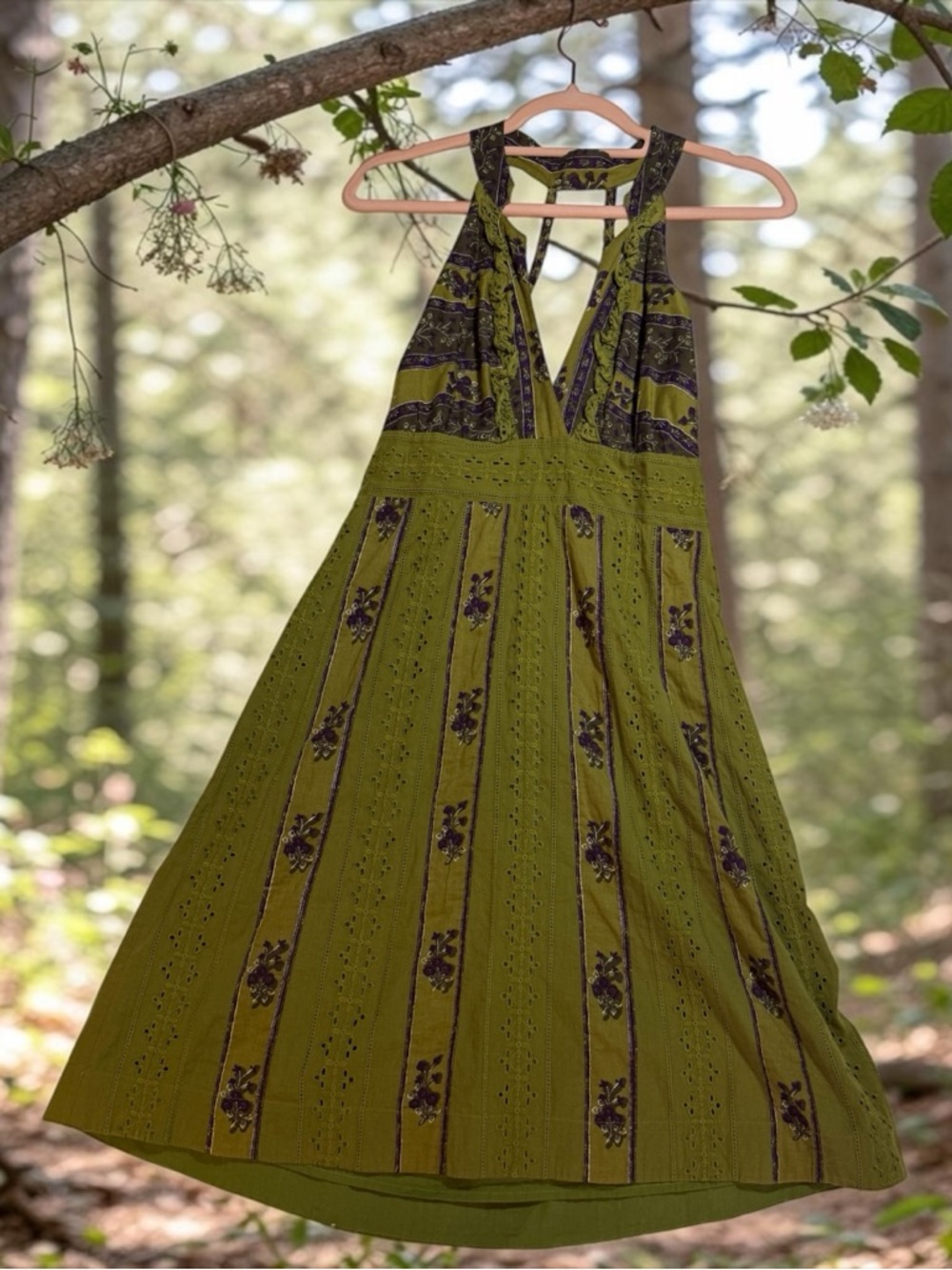 Free People Dress Olive Purple 100% Cotton Halter Boho Summer Sz S 26-28 Waist